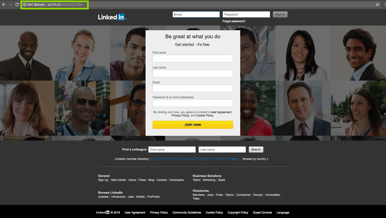 An example LinkedIn phishing site